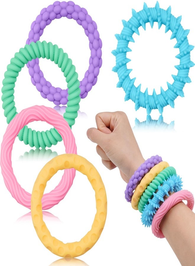 NiToy 5-Pack Macaron Colors Silicone Stretchy Bracelet Fidget Toys for Kids, Textured Design Sensory Chew Toys for Anxiety Relief and Focus, Wearable Stress Relief Band Toys for Toddlers and Children - Image 1